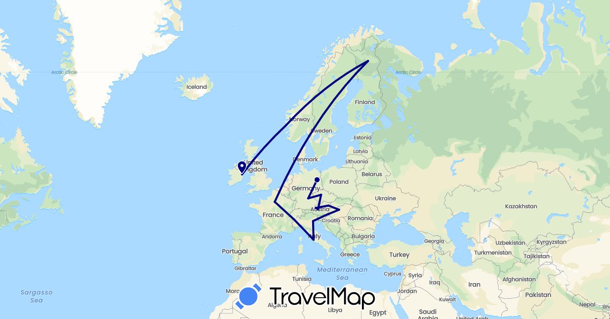 TravelMap itinerary: driving in Austria, Czech Republic, Germany, Finland, France, Hungary, Ireland, Italy, Netherlands, Norway (Europe)